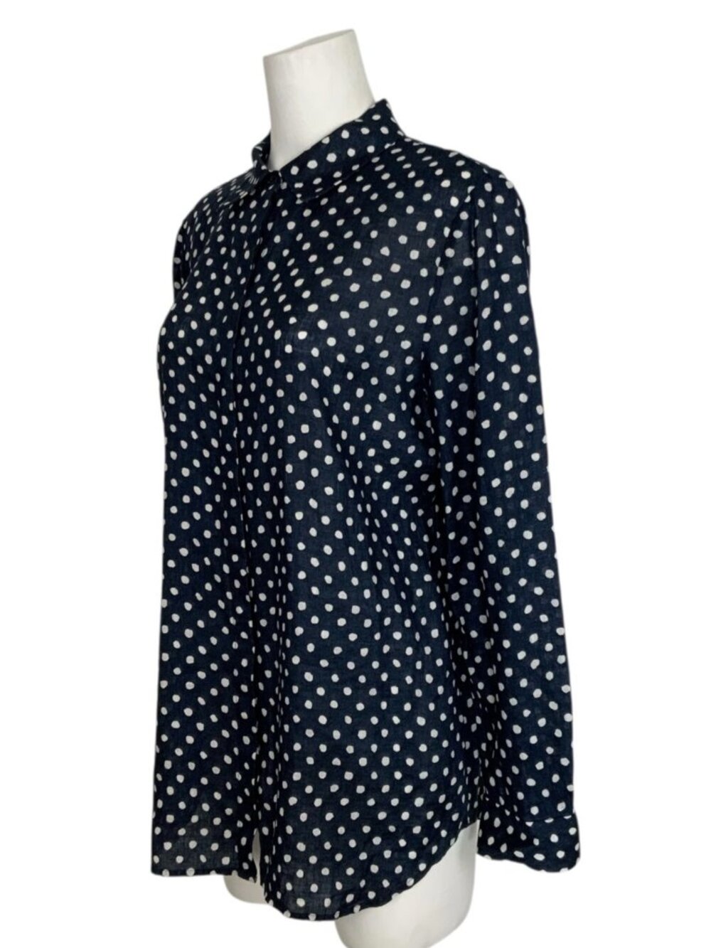 Lafayette 148 NY Linen Button Front Shirt L Blue Polka Dot Natural Fiber - Picture 3 of 15